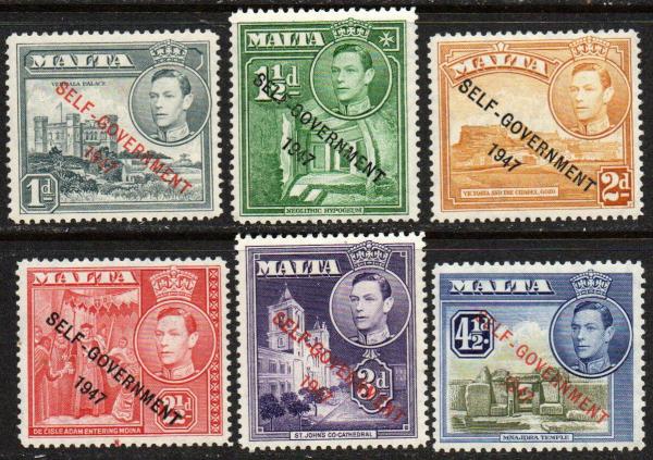 Europe | King George VI Set of Six Malta Overprint Postage Stamps Issued 1953 Europe Europe