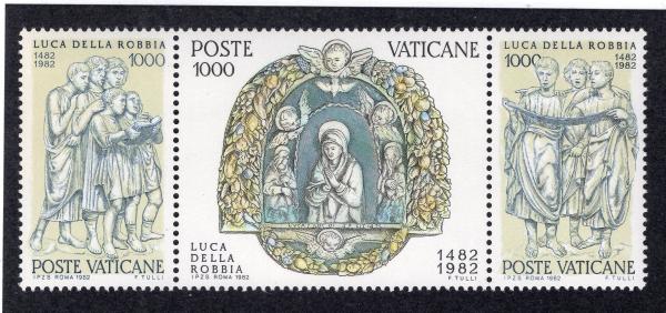 Europe | Luca della Robbia Sculptures Set of Three Vatican City Postage Stamps Issued 1982 Blue and Yellow green Europe Blue & Yellow green