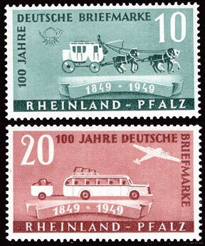 Europe | Mail Transportation Set of Two Rhineland-Palatinate Germany Postage Stamps Issued 1949 Blue green and Carmine brown Europe Blue green & Carmine brown