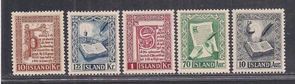 Europe | Manuscripts Set of Five Iceland Postage Stamps Issued 1953 Europe Europe