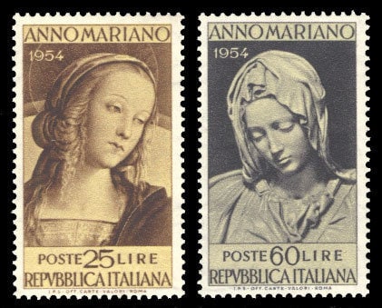 Europe | Marian Year Set of Two Italy Postage Stamps Depicting Virgin Mary Issued 1954 Brown and Grey Europe Brown & Grey