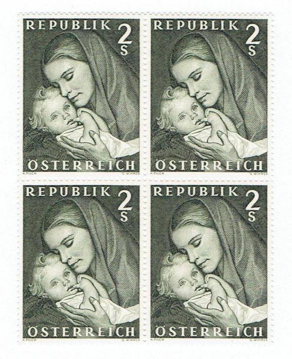 Europe | Mother With Child Block of Four Austria Postage Stamps Issued 1968 Dark green olive Europe Dark green olive