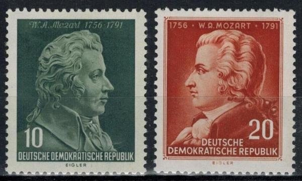 Europe | Mozart Set of Two East Germany Postage Stamps Issued 1956 Blackish grey green and brownish red Europe Blackish grey green & brownish red