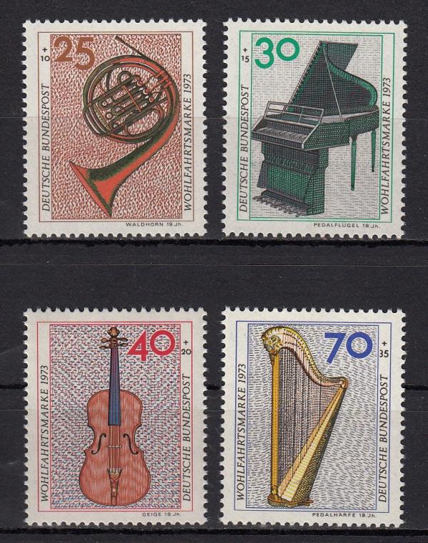 Europe | Musical Instruments Set of Four Germany Stamps Issued 1973 Multicolor Europe Europe