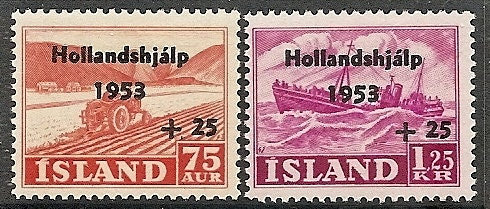 Europe | Netherlands Flooding Set of Two Iceland Overprinted Postage Stamps Fishing Boats Issued 1953 Europe Europe