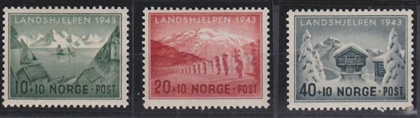 Europe | Norwegian Landscapes Set of Three Norway Postage Stamps issued 1943 Europe Europe