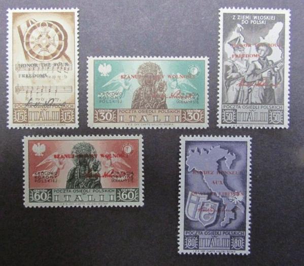 Europe | Polish Corps In Italy Four Freedoms Overprint Set of Five Postage Stamps Issued 1946 Europe Europe