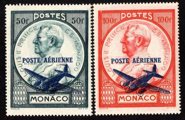 Europe | Prince Louis II Set of Two Monaco Air Mail Postage Stamps Issued 1946 Dark green blue and red Europe Dark green blue & red