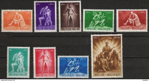 Europe | Prisoners of War Relief Fund Set of Nine Belgium Postage Stamps Issued 1945 Europe Europe