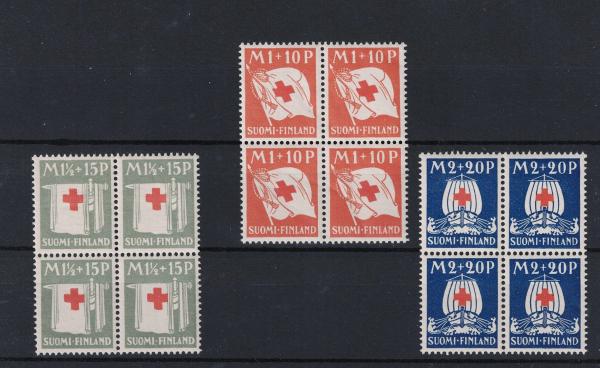 Europe | Red Cross Finland Set of Three Blocks of Four Postage Stamps Issued 1930 Europe Europe