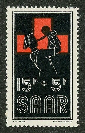 Europe | Red Cross Nurse With Child Saar Postage Stamp Issued 1955 Black and red Europe Black & Red