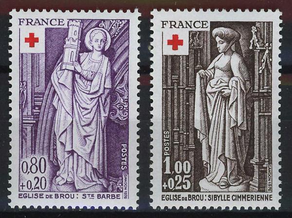 Europe | Red Cross Saint Barbara and Cimmerian Sibyl Sculptures from Brou Cathedral Set of Two France Postage Stamps Issued 1976 Europe Europe