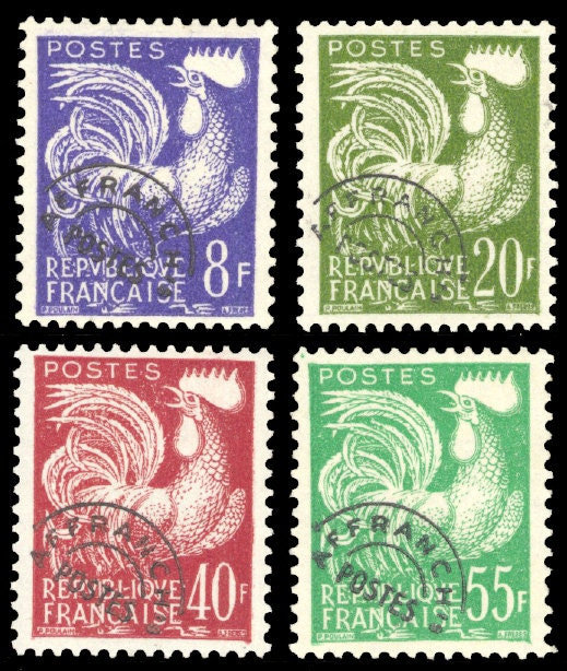 Europe | Rooster Set of Four France Postage Stamps Issued 1959 Europe Europe