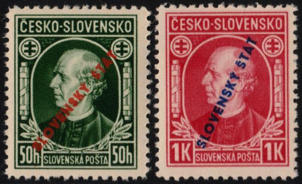 Europe | Slovakia 1939 Andrej Hlinka Overprint Set of Two Postage Stamps Mint Never Hinged Dark green and carmine Europe Dark green & carmine