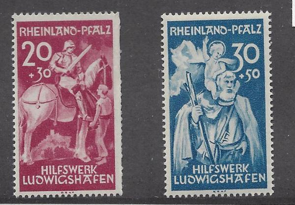 Europe | St Martin and St Christopher Set of Two Rhineland Palatinate Germany Postage Stamps Issued 1948 Carmine and Blue Europe Carmine & Blue