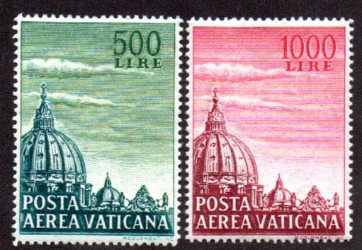 Europe | St Peters Basilica Set of Two Vatican City Air Mail Postage Stamps Issued 1958 Green and Red Europe Europe