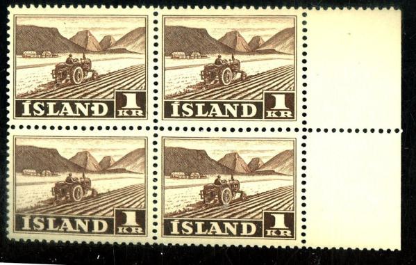 Europe | Tractor Plowing Block of Four Iceland Postage Stamps Issued 1950 Dark lilac brown Europe Dark lilac brown