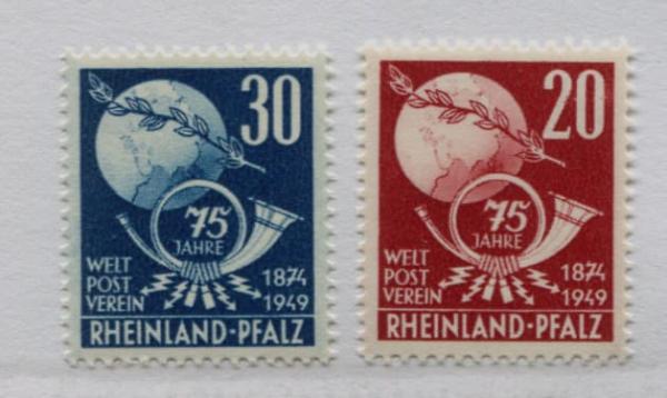 Europe | Universal Postal Union Set of Two Rhineland-Palatinate Germany Postage Stamps Issued 1949 Dark red and Prussian blue Europe Dark red & Prussian blue