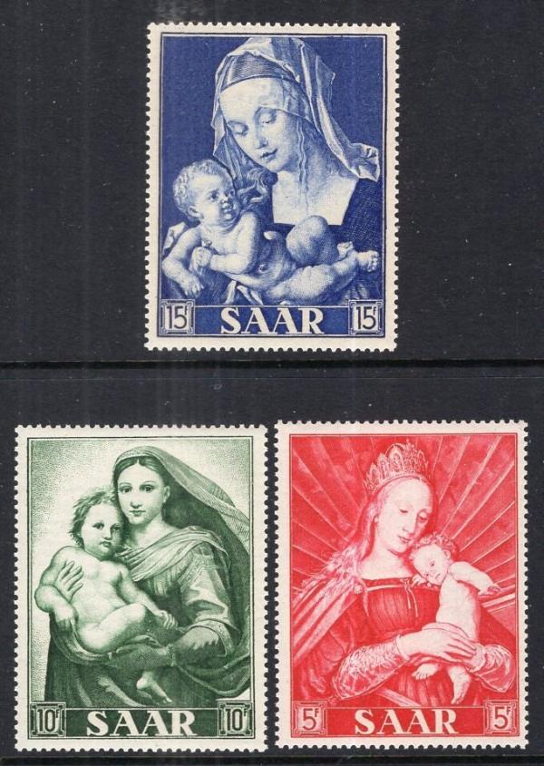 Europe | Virgin Mary Paintings Set of Three Germany Saar Postage Stamps Issued 1954 Europe Europe