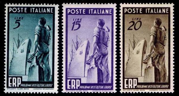 Europe | Worker and Ship Set of Three Italy Postage Stamps Issued 1949 Europe Europe