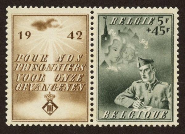 Europe | WWII Prisoners of War Belgium Postage Stamp With Label Issued 1942 Olive grey and Sepia Europe Europe