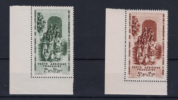 India | Native Children Welfare Fund Set of Two French India Air Mail Postage Stamps Issued 1942 India India