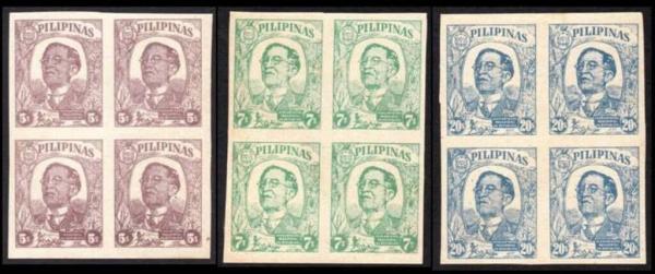 Japan | Japanese Occupied Philippines Jose P Laurel Set of Three Blocks of Four Postage Stamps Issued 1945 Japan Japan