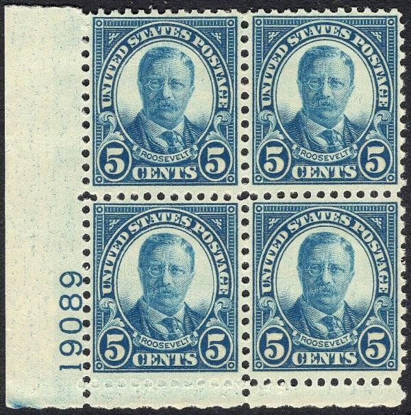 United States | 1927 Theodore Roosevelt Plate Block of Four 5-Cent US Postage Stamps Mint Never Hinged Blue Stamp Blue