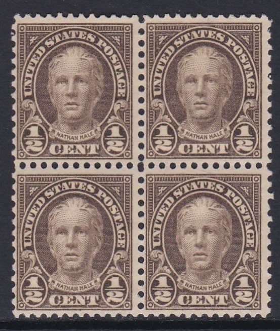 United States | 1929 Nathan Hale Block of Four Half-Cent USA Postage Stamps Mint Never Hinged Olive Brown Stamp Olive brown