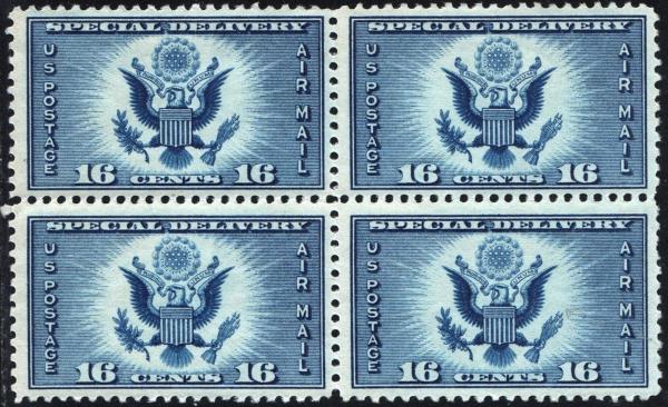 United States | 1934 Great Seal Block of Four 16-Cent United States Air Mail Special Delivery Postage Stamps Dark blue Stamp Dark blue