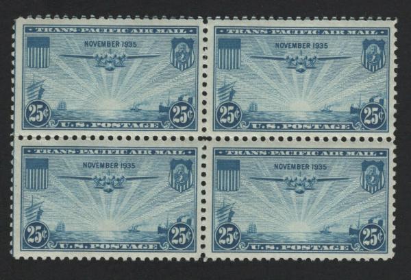 United States | 1935 China Clipper Trans-Pacific Issue Block of Four 25-Cent US Air Mail Postage Stamps Mint Never Hinged Blue Stamp Blue