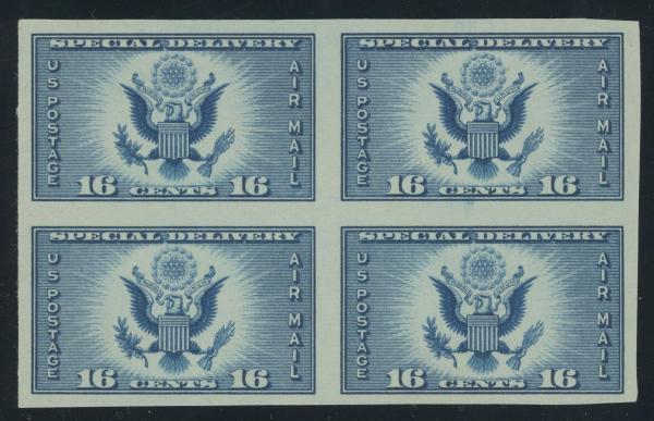 United States | 1935 Great Seal of the United States Air Mail Special Delivery Block of Four 16-Cent Imperforate Postage Stamps Mint No Gum As Issued Dark Blue Stamp Dark blue