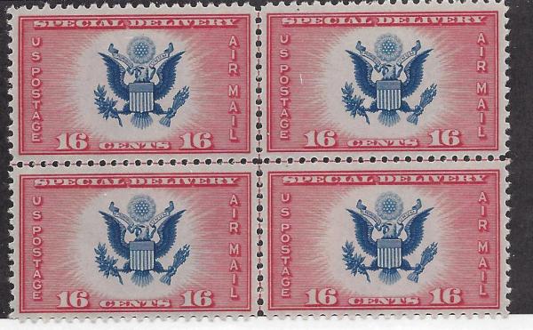 United States | 1936 Great Seal Block of Four 16-Cent United States Air Mail Special Delivery Postage Stamps Carmine and blue Stamp Carmine & Blue