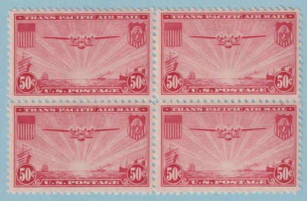 United States | 1937 China Clipper Trans-Pacific Issue Block of Four US 50-Cent Airmail Postage Stamps Carmine Stamp Carmine