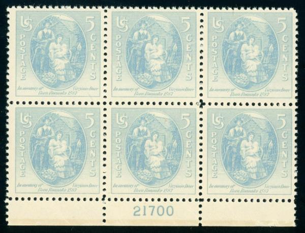 United States | 1937 Virginia Dare Plate Block of Six 5-Cent United States Postage Stamps Stamp United States