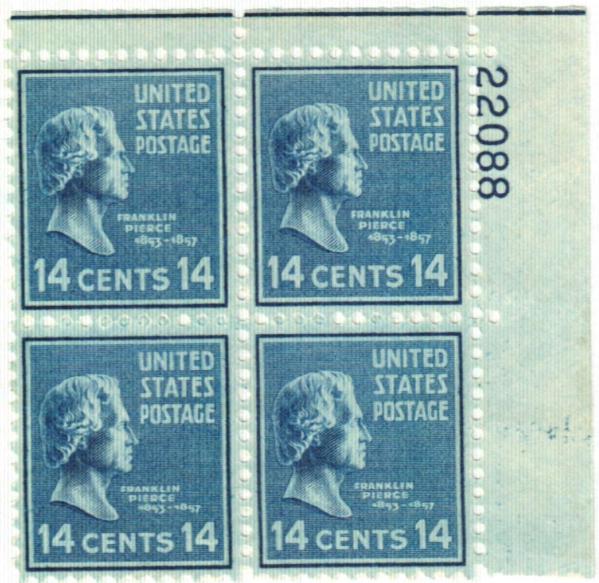 United States | 1938 Franklin Pierce Presidential Series Plate Block of Four 14-Cent United States Postage Stamps Blue Stamp Blue