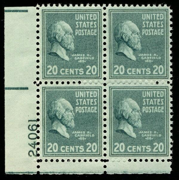 United States | 1938 James A Garfield Plate Block of Four 20-Cent United States Postage Stamps Bluish green Stamp Bluish green