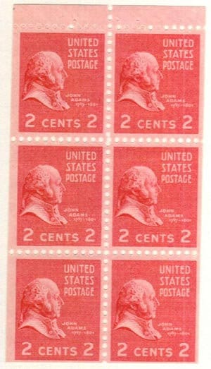 United States | 1938 John Adams Booklet Pane of Six US 2-Cent Postage Stamps Mint Never Hinged Rose carmine Stamp Rose carmine