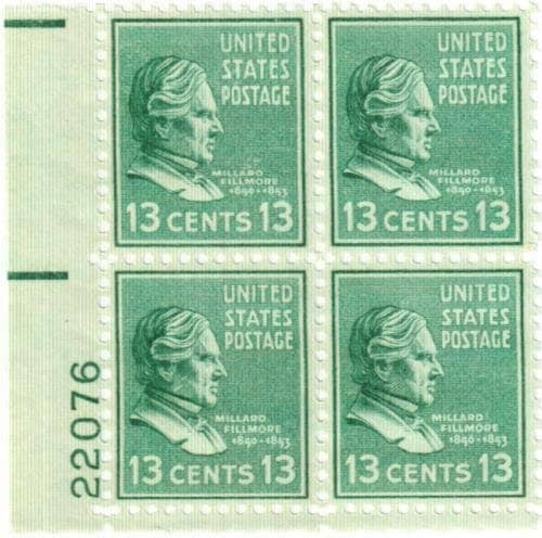 United States | 1938 Millard Fillmore Plate Block of Four 13-Cent US Postage Stamps Mint Never Hinged Blue green Stamp Blue green