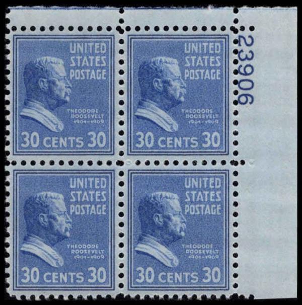 United States | 1938 Theodore Roosevelt Plate Block of Four 30-Cent US Postage Stamps Mint Never Hinged Deep ultramarine Stamp Deep ultramarine