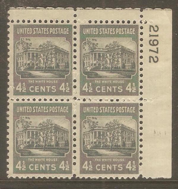 United States | 1938 White House Plate Block of Four 4-1/2-Cent United States Postage Stamps Dark gray Stamp Dark gray