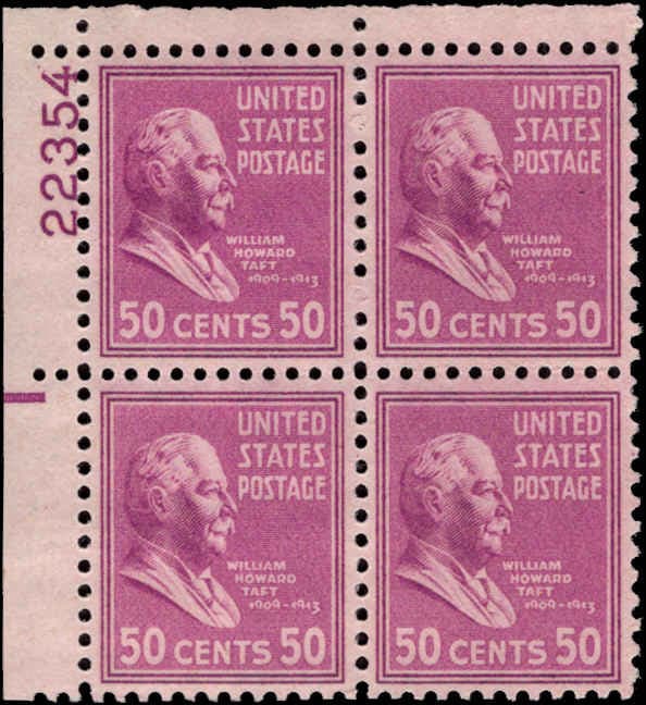 United States | 1938 William Howard Taft Plate Block of Four 50-Cent US Postage Stamps Mint Never Hinged Light red violet Stamp Light red violet