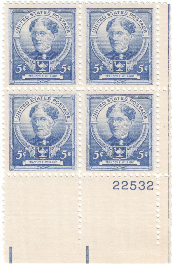 United States | 1940 Frances Elizabeth Willard Famous Americans Series Educator Plate Block of Four 5-Cent US Postage Stamps Mint Never Hinged Ultramarine Stamp Ultramarine