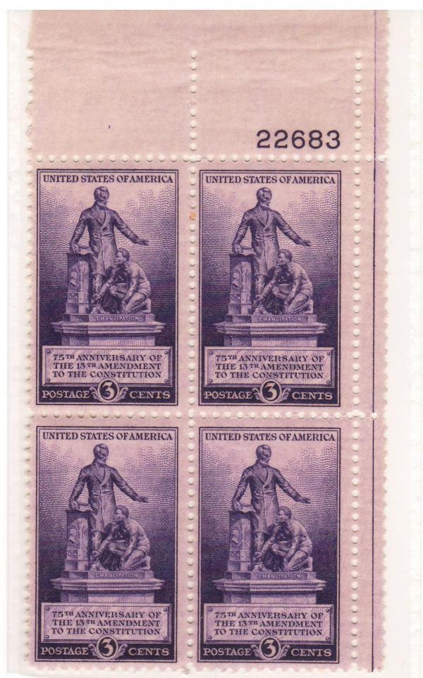 United States | 1940 Lincoln Emancipation Statue Plate Block of Four 3-Cent US Postage Stamps Mint Never Hinged Deep violet Stamp Deep violet