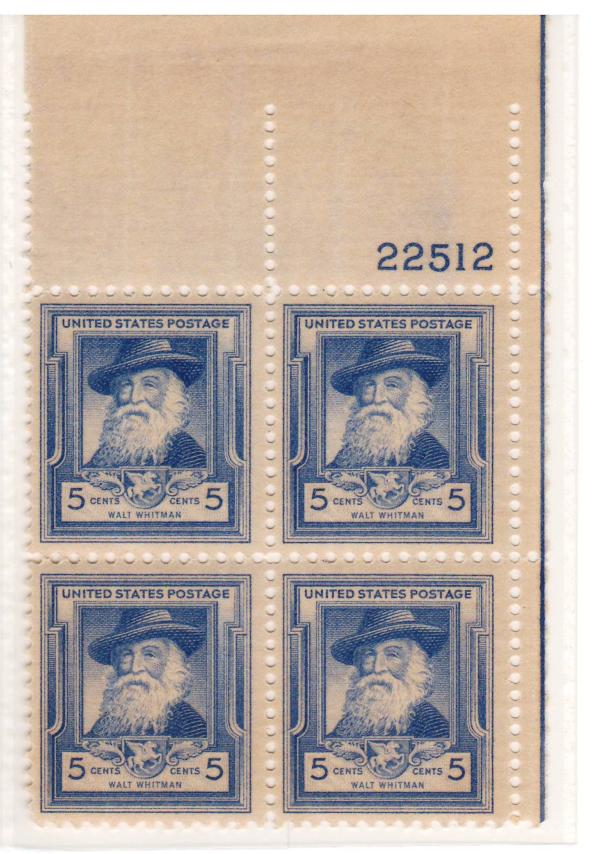 United States | 1940 Walt Whitman Plate Block of Four 5-Cent US Postage Stamps Mint Never Hinged Stamp United States