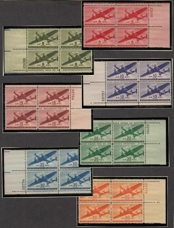 United States | 1941-44 Twin-Motored Transport Plane Issue Collectible Set of 7 US Air Mail Postage Stamp Plate Blocks Mint Never Hinged Stamp United States