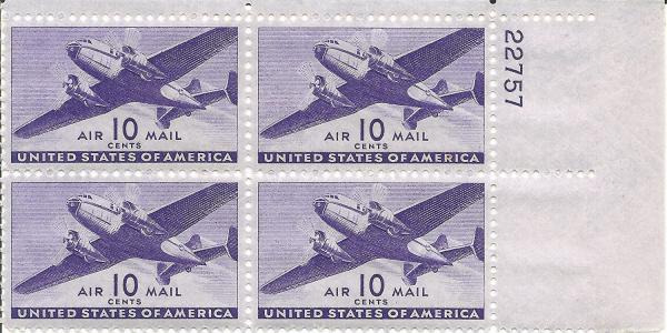 United States | 1941 Twin Motor Transport Plane Plate Block of Four 10-Cent US Airmail Postage Stamps Mint Never Hinged Violet Stamp United States