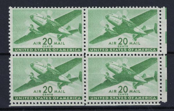 United States | 1941 Twin-Motored Transport Block of Four 20-Cent United States Air Mail Postage Stamps Stamp United States