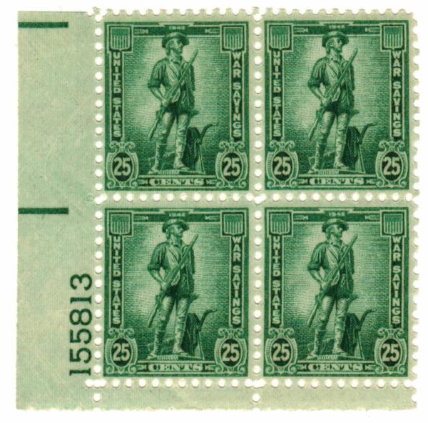 United States | 1942 War Savings Plate Block of Four 25-Cent United States Stamps Dark blue green. Stamp Dark blue green