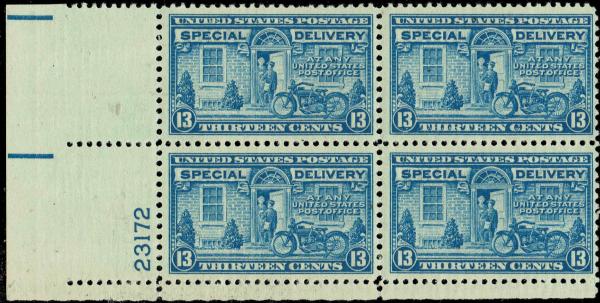 United States | 1944 Motorcycle Special Delivery Plate Block of Four 13-Cent US Postage Stamps Blue Stamp Blue